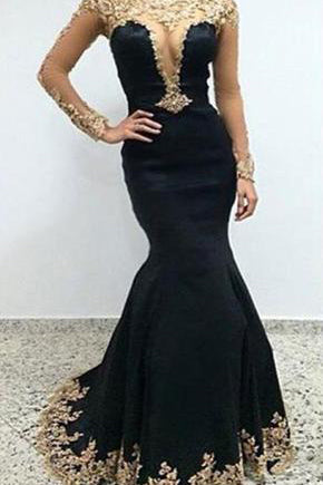 Sexy Black Lace Long Sleeves Long Mermaid Prom Dresses Evening Dresses PM499