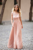 Blush Pink Lace and Chiffon Sleeveless Illusion Backless Elegant A-Line Long Evening Dresses UK PH280