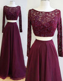 Two Piece Burgundy Bateau Long Sleeves Floor-Length Prom Dresses with Lace Beading PM607
