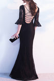 Elegant Black Lace Popular V-Neck Half Sleeve Sexy Mermaid Lace up Prom Dresses uk PH246