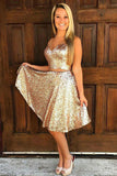 A-Line V-Neck Golden Sleeveless Knee-length Sequins Two Piece Homecoming Dresses PH747