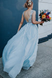 Elegant Light Blue Beads Round Neck Chiffon A-Line Cap Sleeve Prom Dresses UK PH397