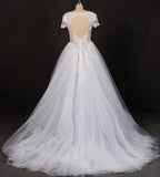 A Line Short Sleeves Beads V-Neck Lace Applique Wedding Dress Bridal Dress W1142