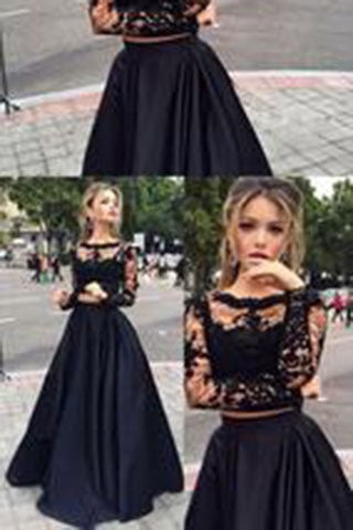 Black Two Pieces Long Sleeve A Line Lace Two Pieces Long Prom Dress