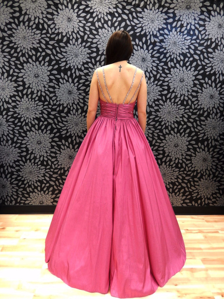 Sugar Pink V-Neck Open Back Sleeveless Satin Prom Dress