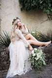 Princess Lace Top Long Sleeve Slit Tulle Ivory Gowns Beach Wedding Dress W1160