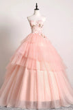 Princess Ball Gown Pink 3D Lace Multi-layered Prom Dresses, Tulle Quinceanera Dresses P1244