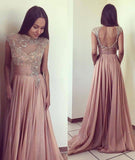 Pink Beads Chiffon A Line Long Open Back Sleeveless Prom Dress