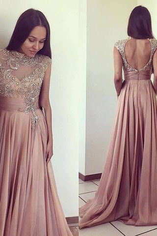 Pink A-Line Chiffon Beads Cheap Open Back Sleeveless Long Prom Dresses