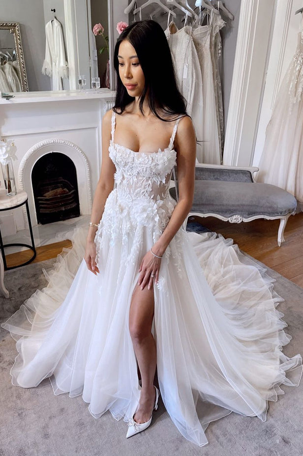 A-line Straps Tulle Lace Appliques Wedding Dresses N074