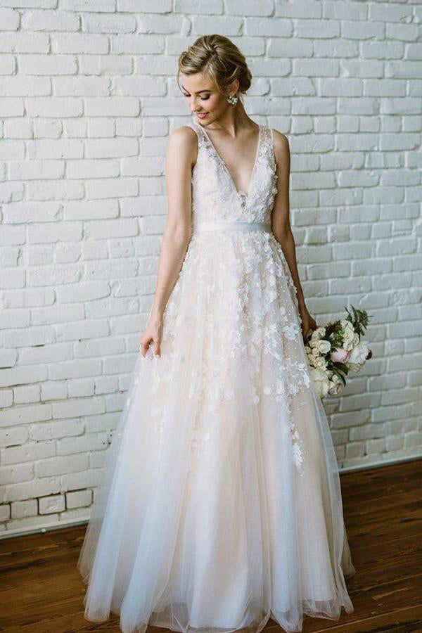 A Line Ivory Lace Long V Neck Beach Wedding Dress with Appliques,Bridal Dresses uk PW232