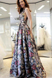 A-Line V-Neck Sweep Train Multi Color Printed Flower Sleeveless Backless Prom Dresses uk PH277