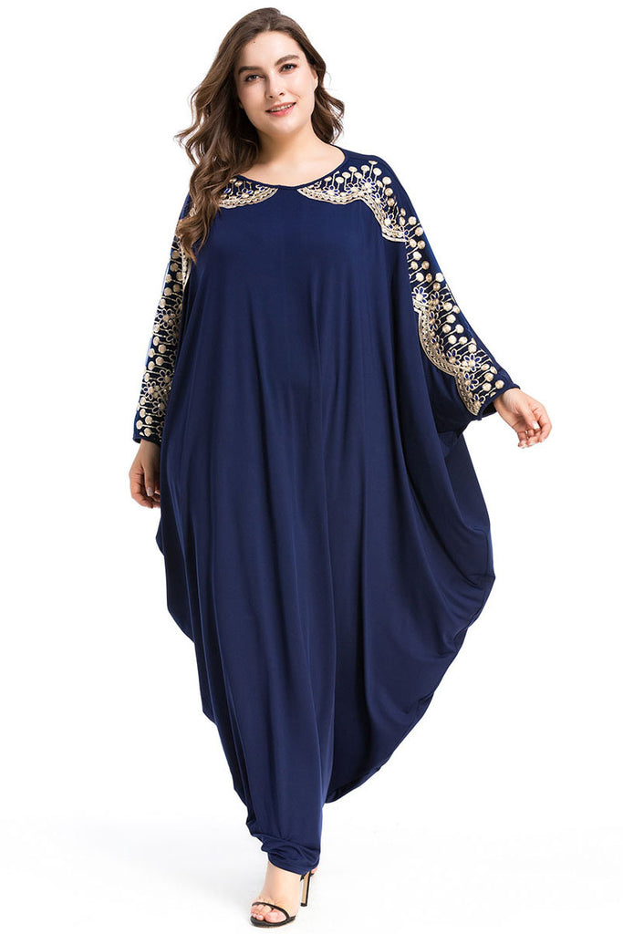 Long Sleeve Navy Blue Round Neck Prom Dresses, Plus Size Formal Dresses F7027