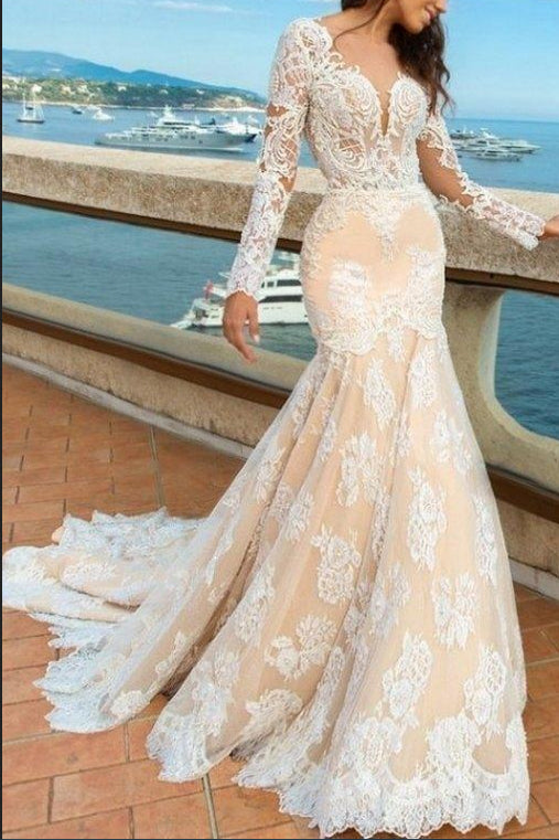 2018 White Lace Mermaid Deep V-Neck Backless Long Sleeve Wedding Dresses uk PM835