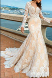 2018 White Lace Mermaid Deep V-Neck Backless Long Sleeve Wedding Dresses uk PM835