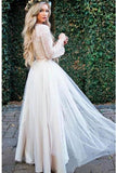 Princess Long Sleeve Lace Top Beach Wedding Dresses With Slit Tulle Ivory Wedding Gowns W1160