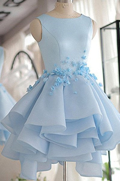Sky Blue A-line Scoop Neck Satin Tulle Short Flowers Original Mini Dress Homecoming Dress