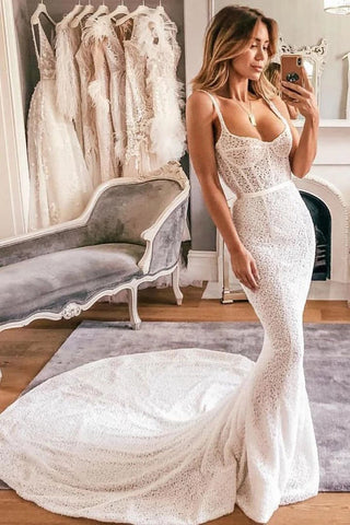 Sexy Mermaid Spaghetti Straps Lace Sweetheart Wedding Dresses, Bridal Dresses W1220