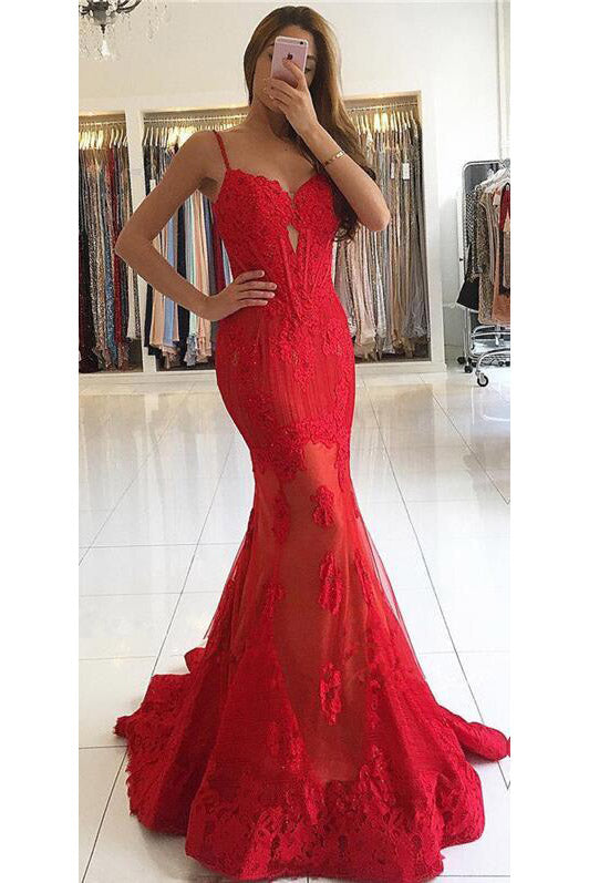 Charming Sexy Long Red Lace Cheap Mermaid Spaghetti Straps Sweetheart Prom Dresses UK PH321