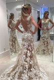Elegant Lace Sheer Ivory V-Neck Appliques Sleeveless Mermaid Backless Wedding Dresses uk PH307