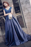 Charming A-Line V-Neck Navy Blue Satin Cap Sleeve Prom Dresses with Lace Appliques PH459