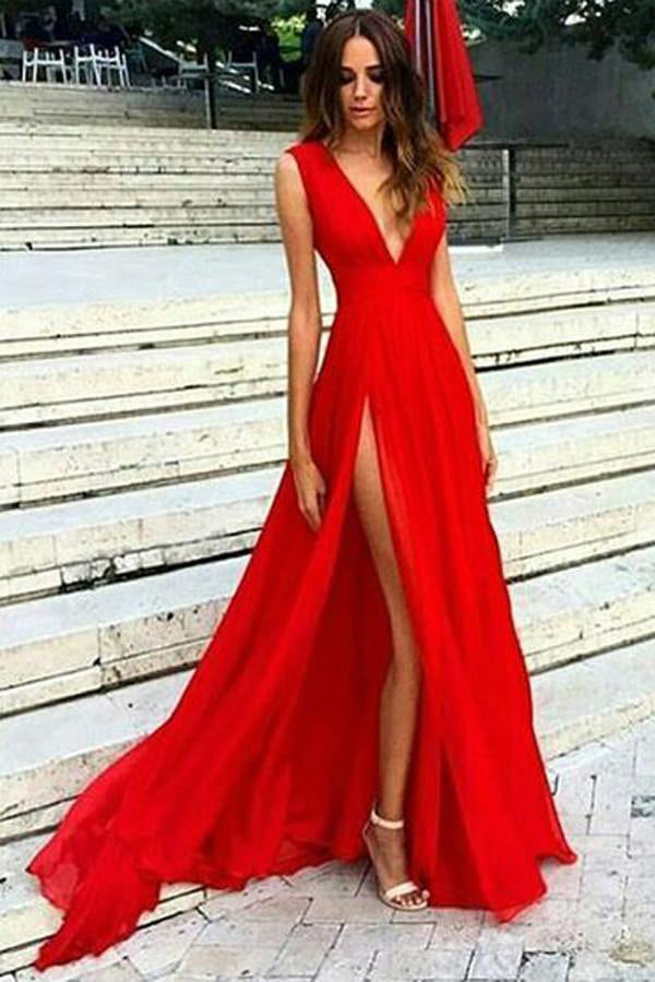 Elegant Red Split V-Neck A-Line Chiffon Sexy Floor-Length Prom Dresses uk PM506