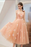 Cute Tea Length A Line Pink Short Prom Dress Sweet 16 Dresses with Hand Made Flower P1330