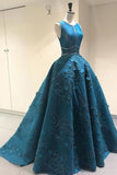 Vintage Lace Appliques Ball Gown Scoop Long Open Back with Pockets Prom Dresses uk PW111