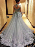 Gorgeous Ball Gown Princess Long Sleeves Tulle Grey Long Prom Dress PM113