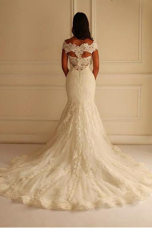 Mermaid Lace Off Shoulder Short Sleeves Wedding Dresses Appliques Bridal Dresses PM750