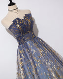 Charming Blue Floral Print Tulle Strapless Long A Line Prom Dress Dance Dress P1228