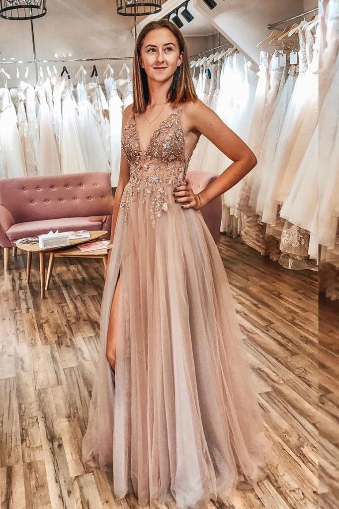A Line Tulle V Neck Applqiues Prom Dresses With Slit, Spaghetti Straps Long Formal Dresses P1270