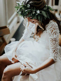 3/4 Sleeve Lace Ivory Chiffon Wedding Dresses Two Piece Beach Bridal Dresses PW813
