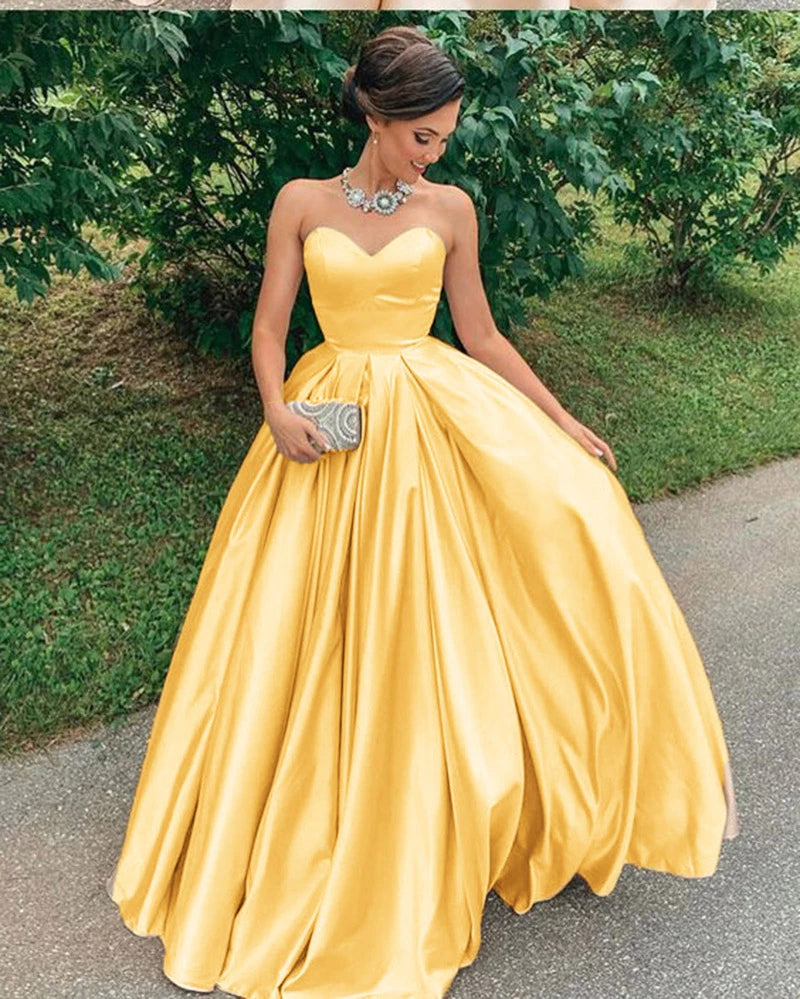 A Line Yellow Satin Prom Dress Strapless Sweetheart Sleeveless Party Dress P1280