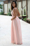 A Line Spaghetti Straps Floor-Length Backless Sleeveless Pink Chiffon Lace Prom Dress PM276