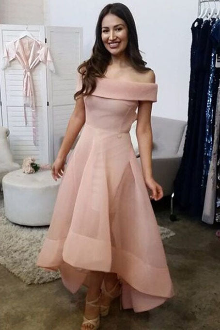 A-line Off-the-Shoulder Organza Ruffles Asymmetrical Backless High Low Prom Dresses uk PM808