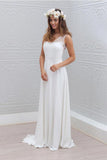 Elegant A-Line Bowknot Chiffon Open Back V-Neck Lace Sleeveless White Wedding Dress PM316