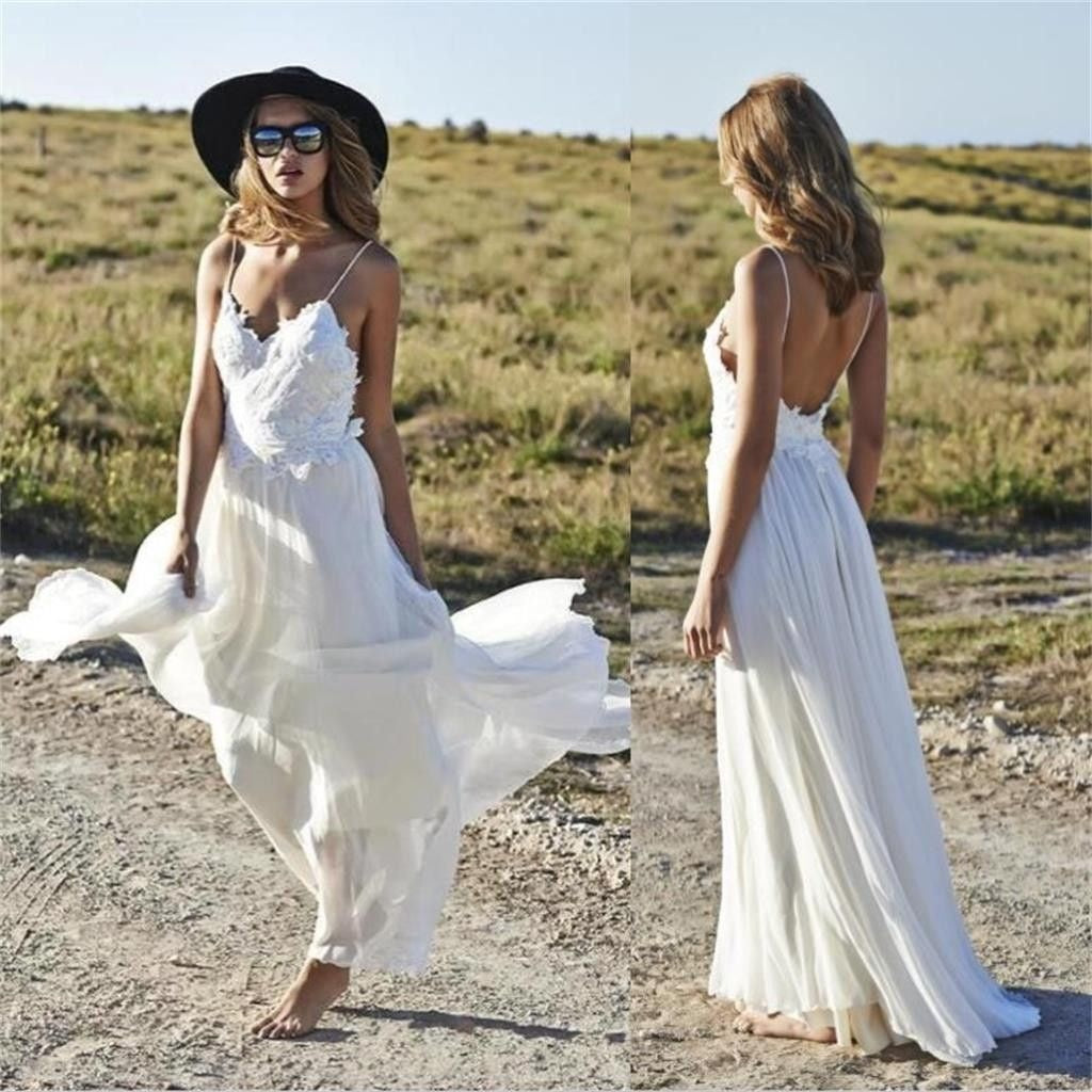 Boho Sexy Online Ivory Simple Backless Lace Beach V-Neck Long Wedding Dresses