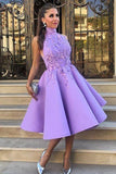 A-Line High Neck Tea-Length Sleeveless Purple Satin Homecoming Dress with Appliques PM119