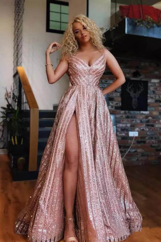 Sexy Rose Gold Spaghetti Straps V Neck Prom Dresses with Side Slit, Sequins Prom Gowns P1372