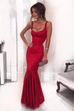 Sexy Low Neck Dark V-Neck Backless Red Satin Mermaid Long Custom Prom Dresses UK PH434