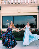 A Line Embroidery Floral V-Neck Tulle Long Prom Dress with Straps Evening Dress P1383