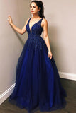 A Line Blue Tulle V Neck Prom Dresses with Beads Sleeveless Prom Dresses PW871
