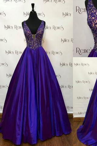 Gorgeous A Line V-Neckline Beaded Royal Blue Sleeveless Floor-Length Prom Dresses PM191