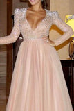 Elegant A Line Long Sleeve Deep V Neck Pink Beads Tulle Long Prom Dresses uk PH985