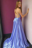 A Line Lilac Satin V-Neck Spaghetti Straps Split Prom Dress with Pockets Dance Dress P1563