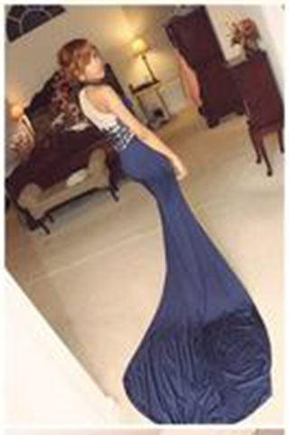 Sexy Mermaid High Neck Navy Blue Long Prom Dress Party Cocktail Dress