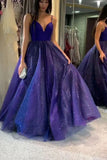 Sparkly Dark Royal Blue Spaghetti Straps V Neck A line Prom Dresses, Formal Dress P1521