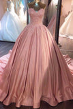 Ball Gown Pink Strapless Appliques Sweetheart Sweep Train Satin Evening Dresses uk PM775