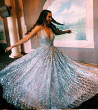 Sparkly A Line V-Neck Sequins Prom Dress Blue V Back Straps Prom Gowns P1318